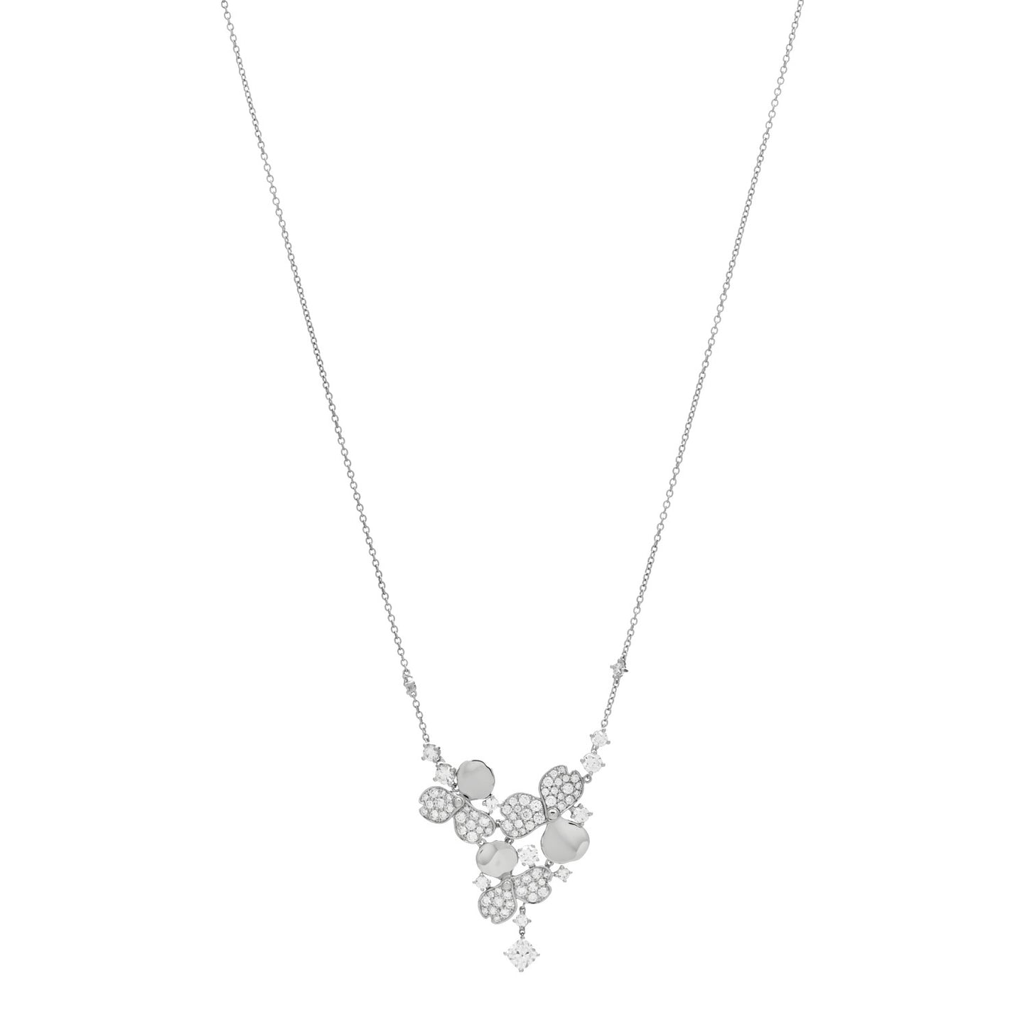 Platinum Diamond Paper Flowers Cluster Pendant Necklace