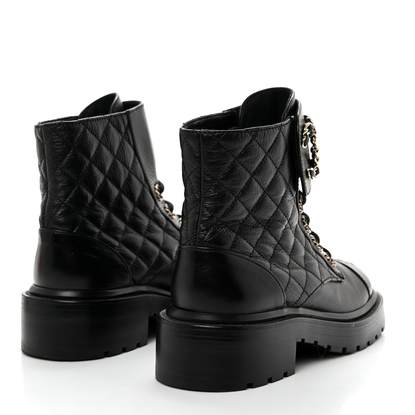 Shiny Calfskin Quilted Lace Up Combat Boots 35.5 Black