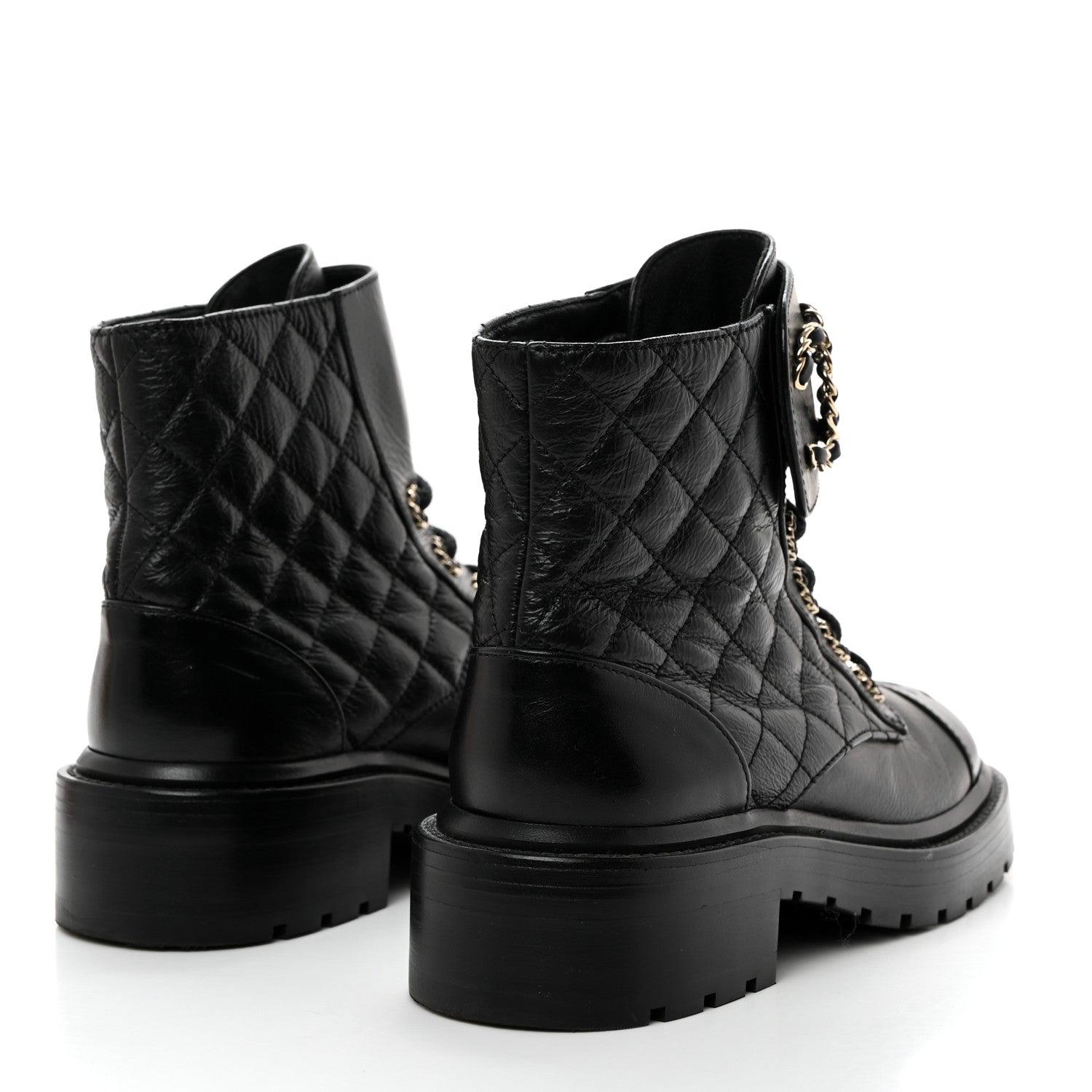 Chanel Shiny Calfskin Quilted Lace Up Combat Boots 35.5 Black 4 of 8