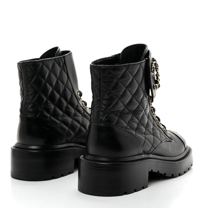 Chanel Shiny Calfskin Quilted Lace Up Combat Boots 35.5 Black 4 of 8