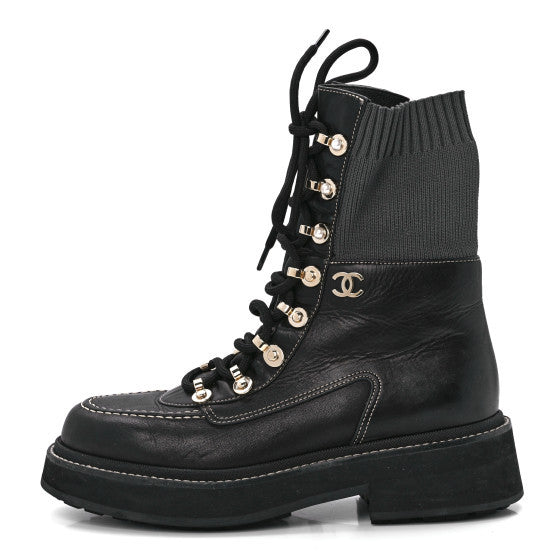 Calfskin Knit Lace Up Combat Boots 37.5 Black