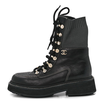 Chanel Calfskin Knit Lace Up Combat Boots 37.5 Black 1 of 7