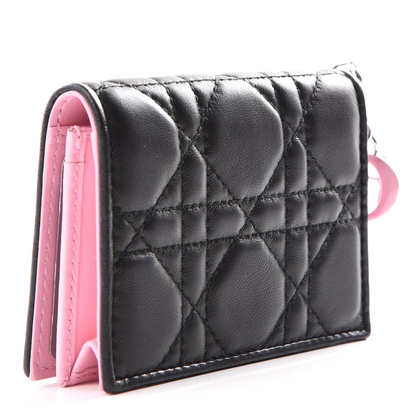 Lambskin Cannage Bi-Color Small Lady Dior Flap Card Holder Black Pink