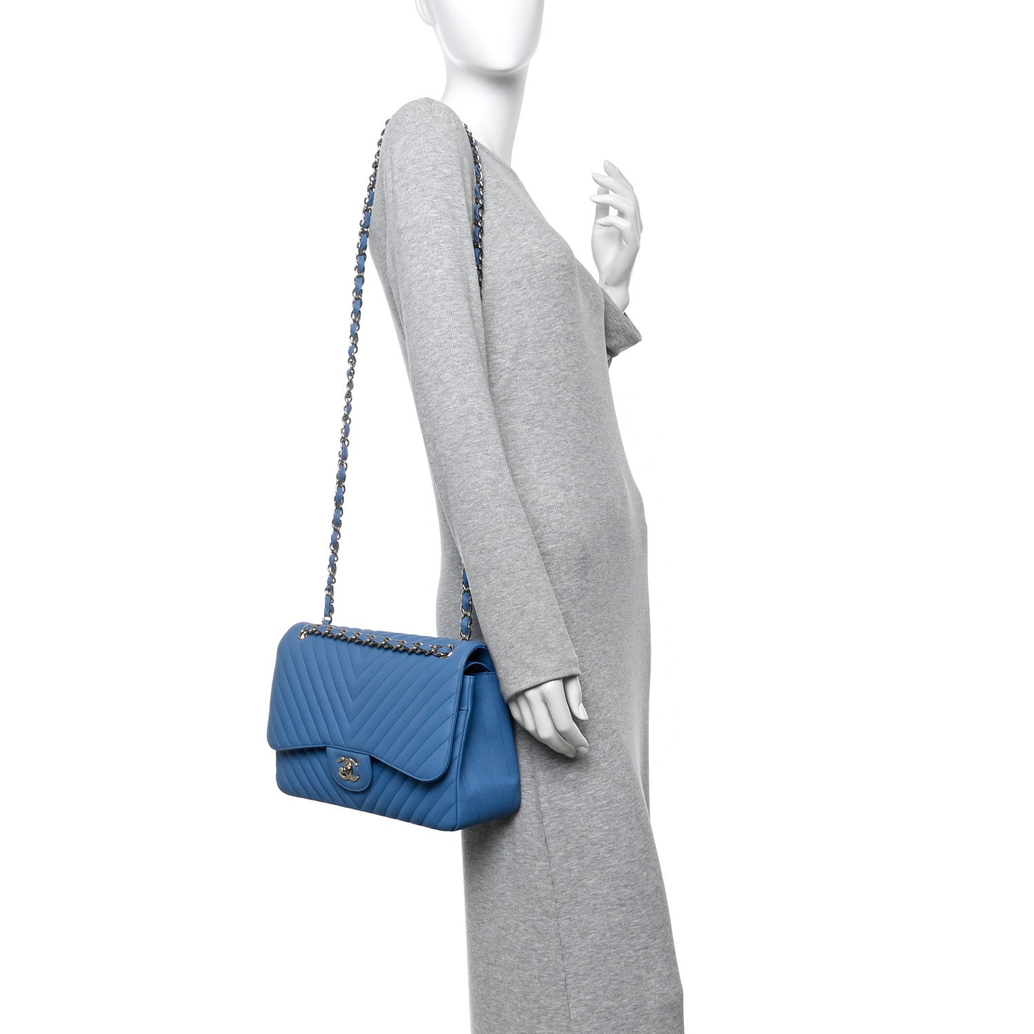 Chanel Caviar Flat Chevron Quilted Jumbo Double Flap Blue 2 of 10