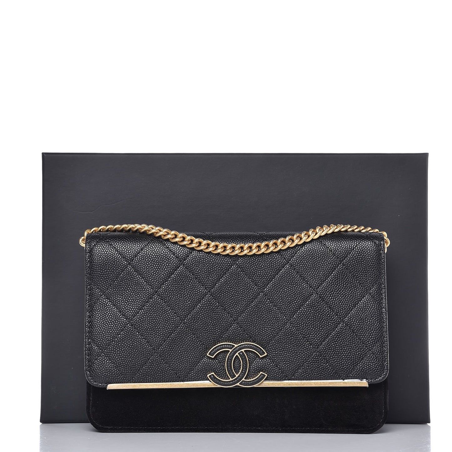 Caviar Suede Stitched Lady Coco Wallet On Chain WOC Black