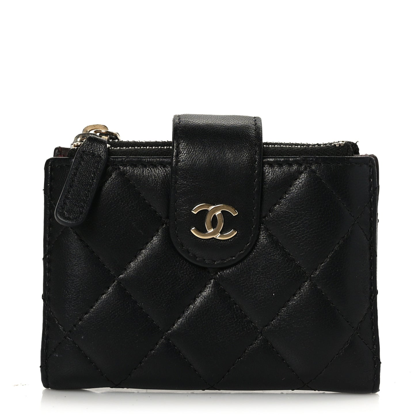 Lambskin Quilted Compact Zipped Pocket Wallet Black