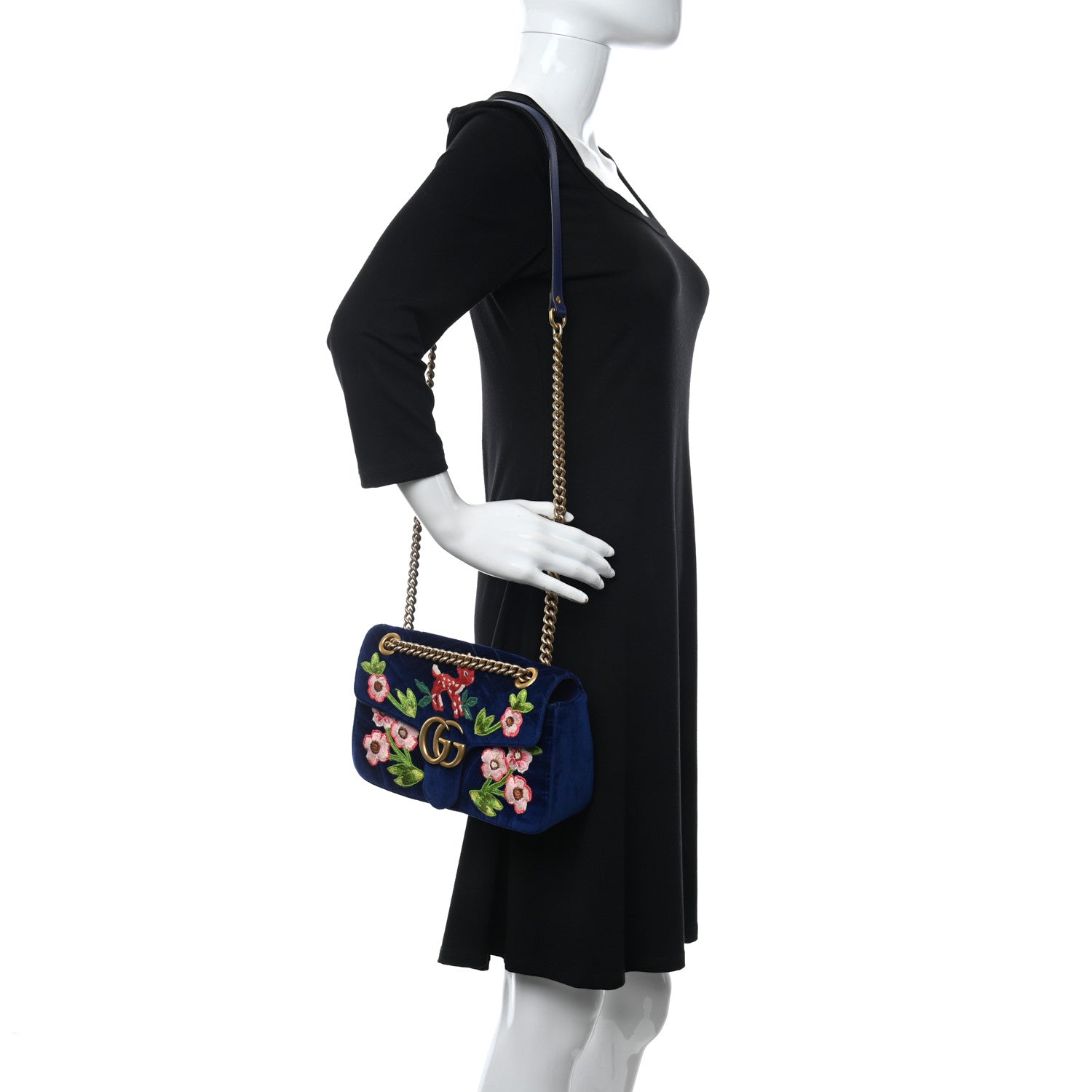 Gucci Velvet Matelasse Deer Embroidered Small GG Marmont Shoulder Bag Cobalt 2 of 10