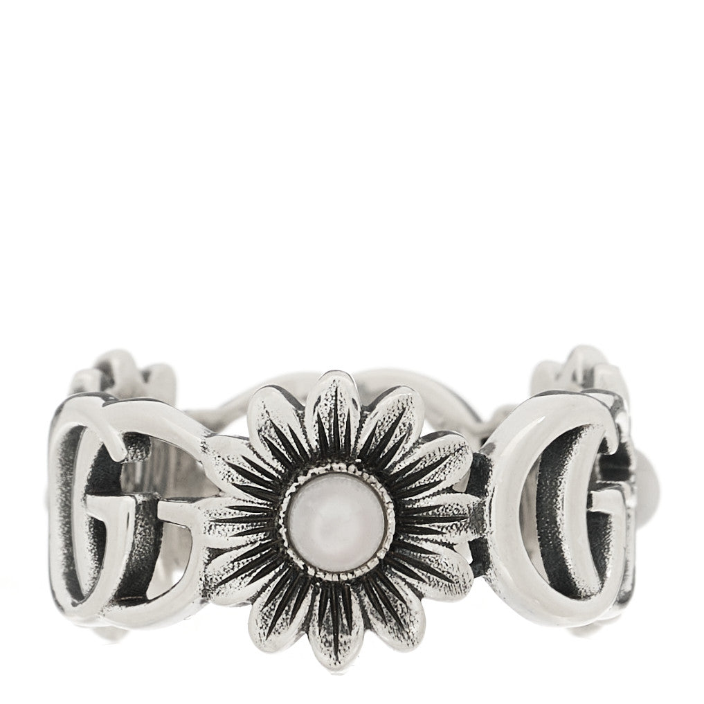 Gucci Sterling Silver Mother of Pearl Double G Marmont Flower Ring 51 5.75 1 of 6