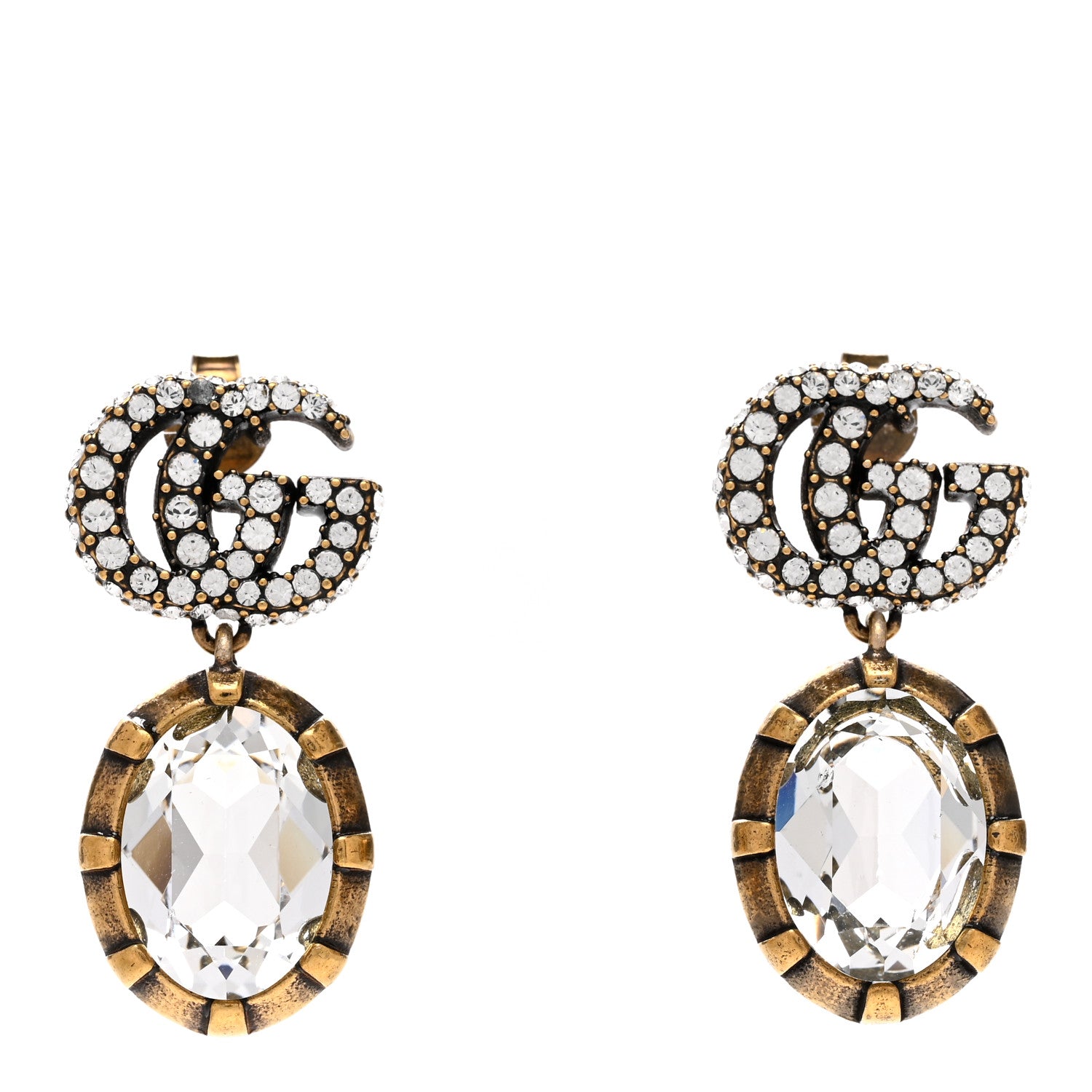 Gucci Metal Crystal Double G Drop Earrings Aged Gold 1 of 5