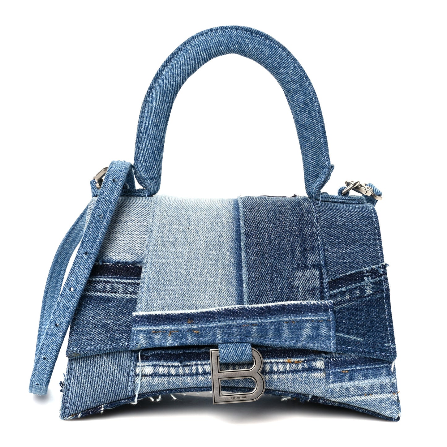 Denim Patchwork Small Hourglass Top Handle Bag Washed Blue