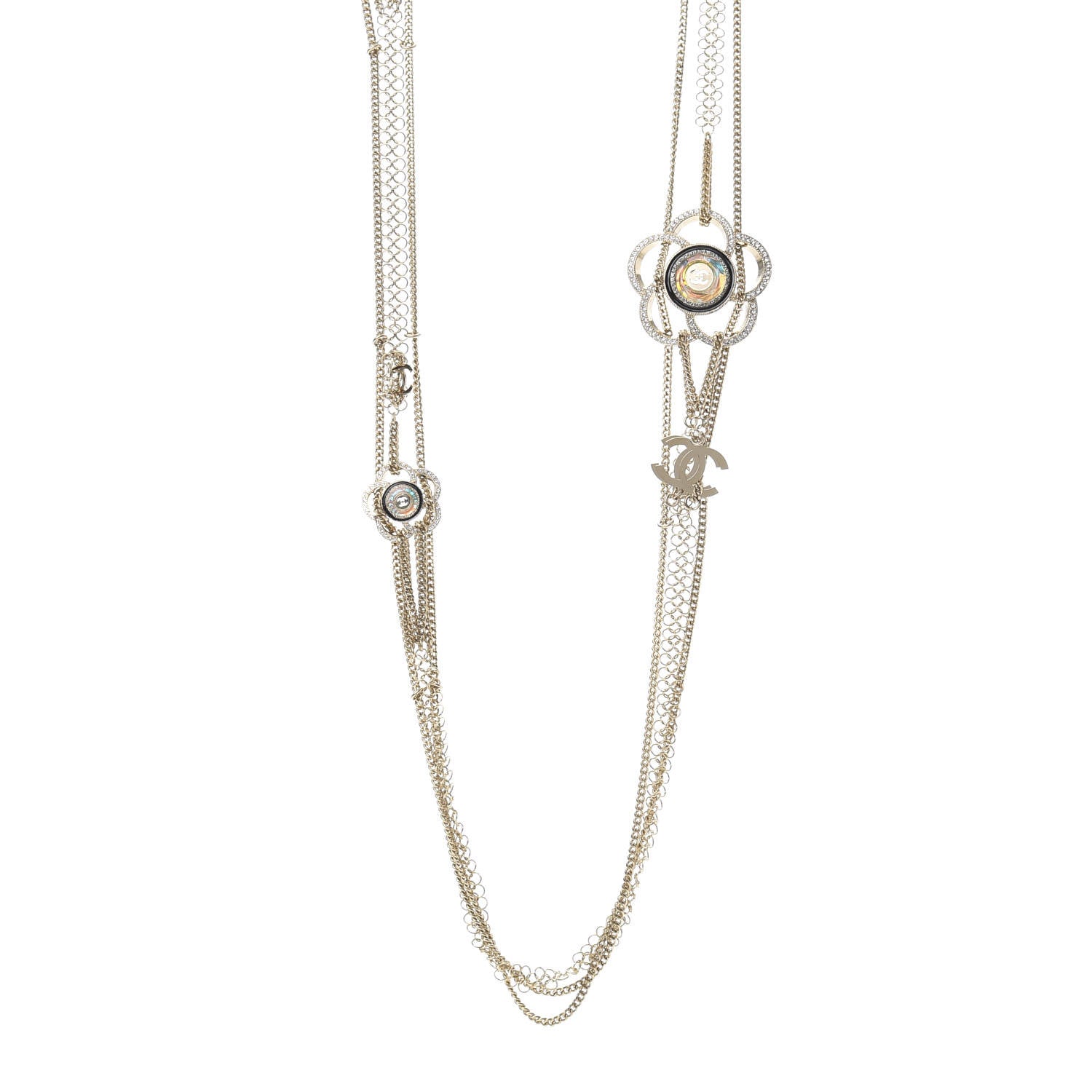 Chanel Resin Crystal CC Camellia Long Necklace Gold 3 of 4