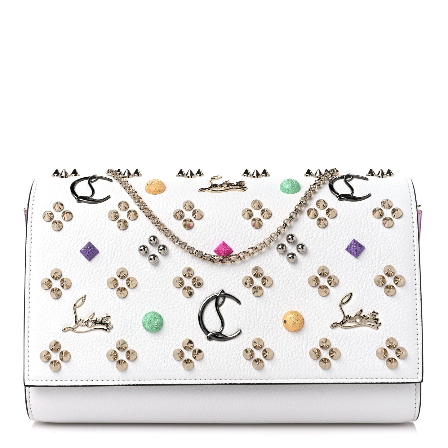 Grained Calfskin Spikes Loubinthesky Paloma Wallet On Chain White