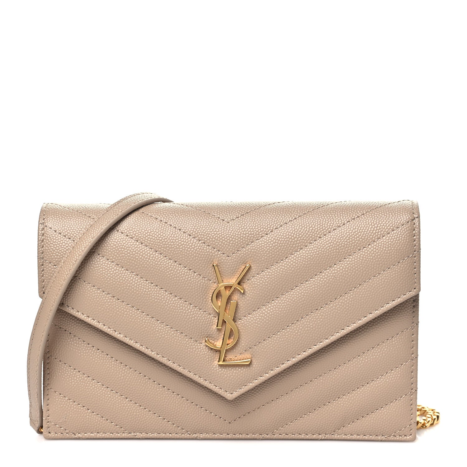 Saint Laurent Grain De Poudre Matelasse Chevron Monogram Envelope Chain Wallet Dark Beige 1 of 10