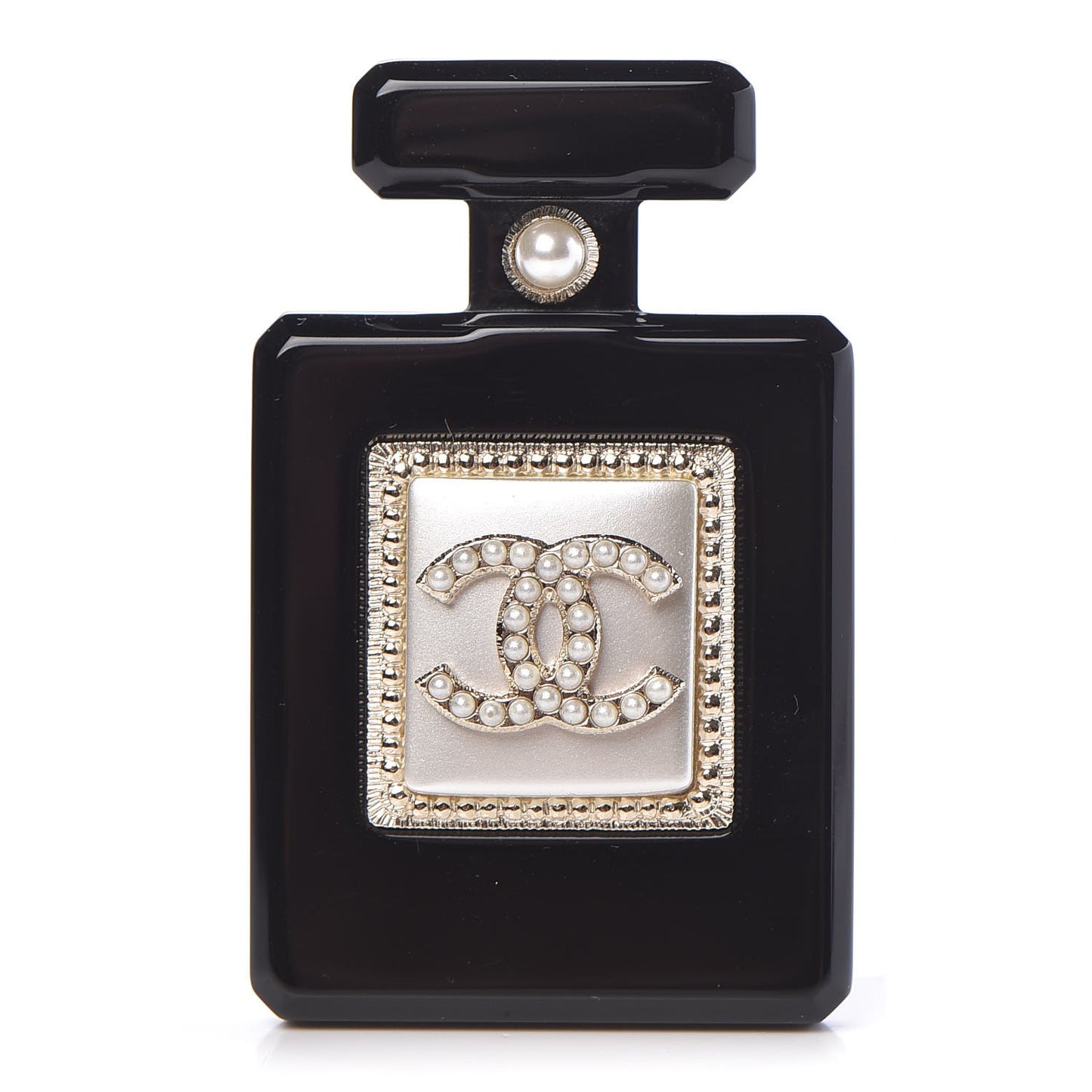 Resin Pearl Perfume Bottle CC Brooch Black Gold