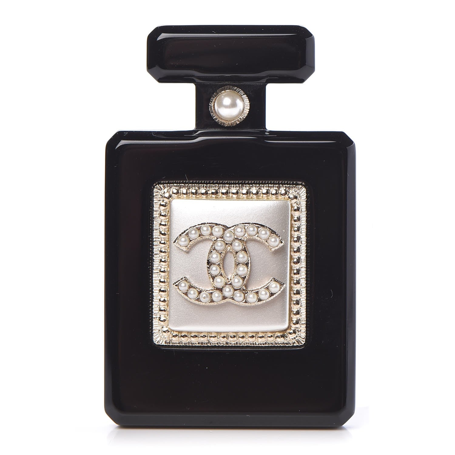 Chanel Resin Pearl Perfume Bottle CC Brooch Black Gold 1 of 4