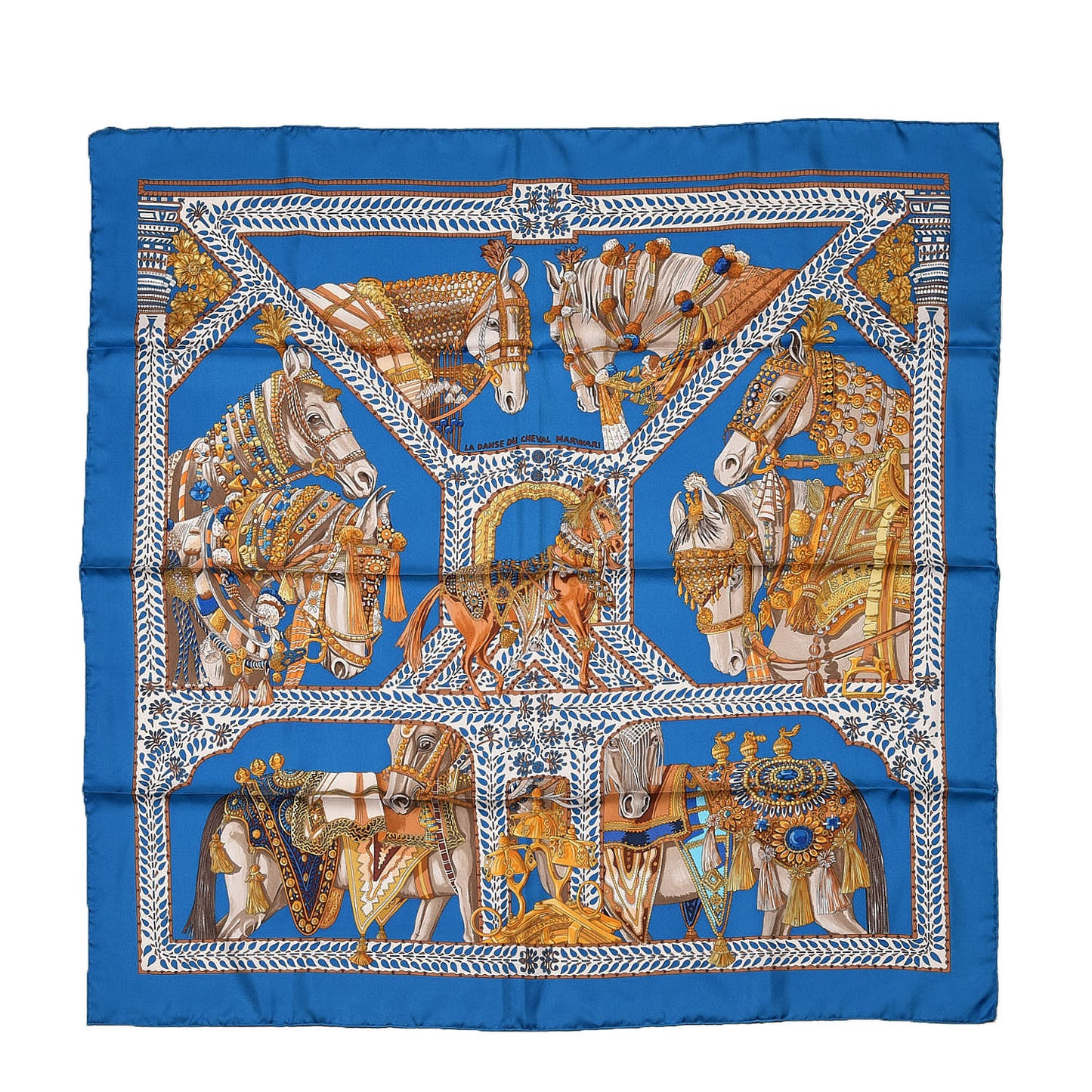 Silk La Danse Du Cheval Scarf 90 Petrole Ivory Vieil Or