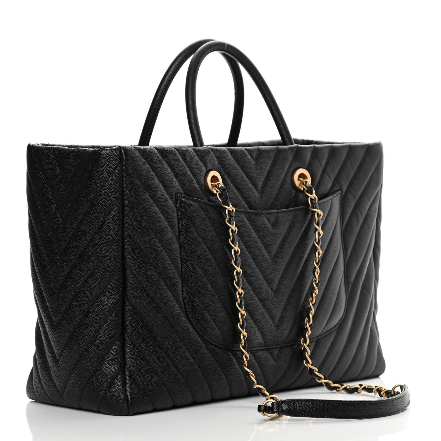 Caviar Chevron Quilted Coco Handle Shopping Tote Black
