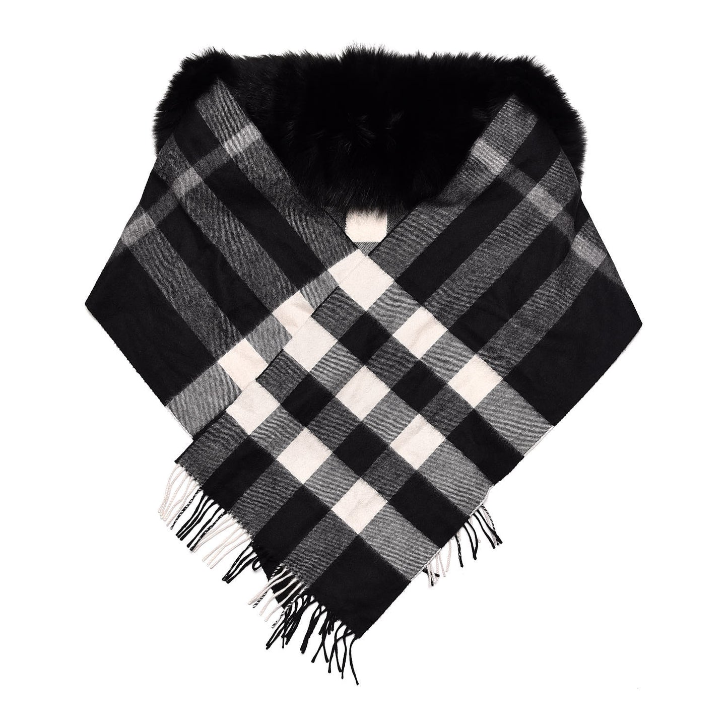Fox Cashmere Half Mega Check Fringe Scarf Black