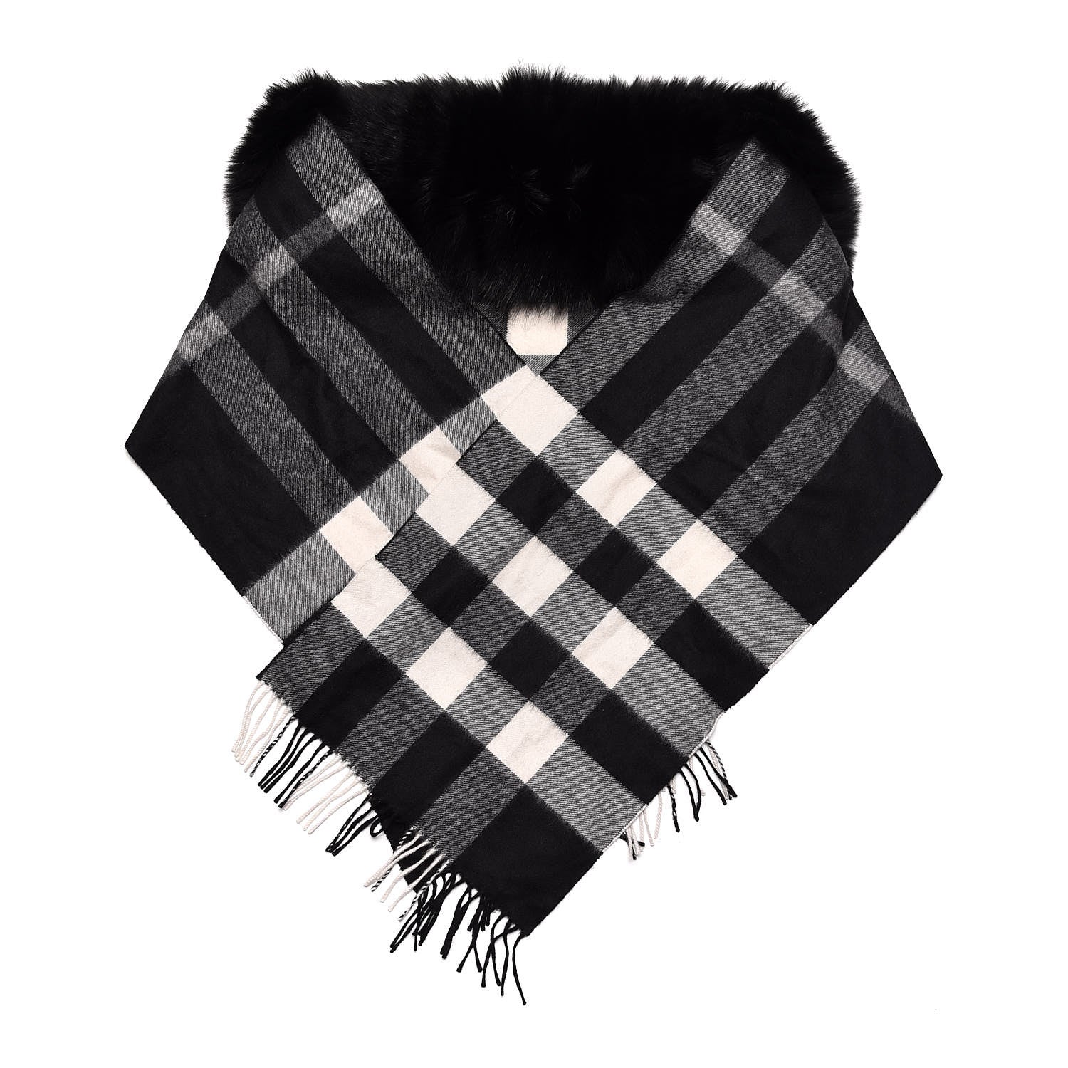 Burberry Fox Cashmere Half Mega Check Fringe Scarf Black 1 of 4