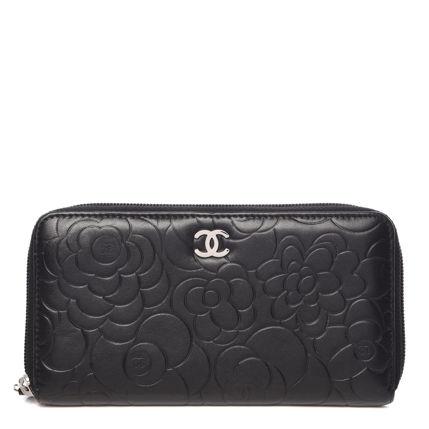 Chanel Lambskin Camellia Embossed Large Zip Around Gusset Wallet Black 1 of 9