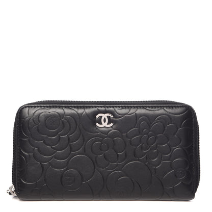 Chanel Lambskin Camellia Embossed Large Zip Around Gusset Wallet Black 1 of 9