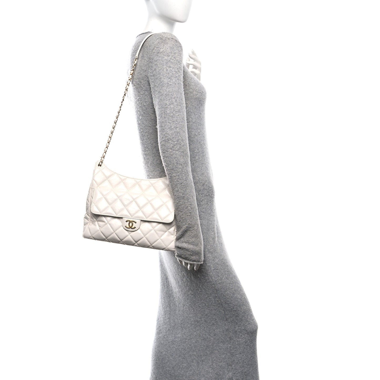 Shiny Crumpled Calfskin Quilted Large Wavy CC Hobo White