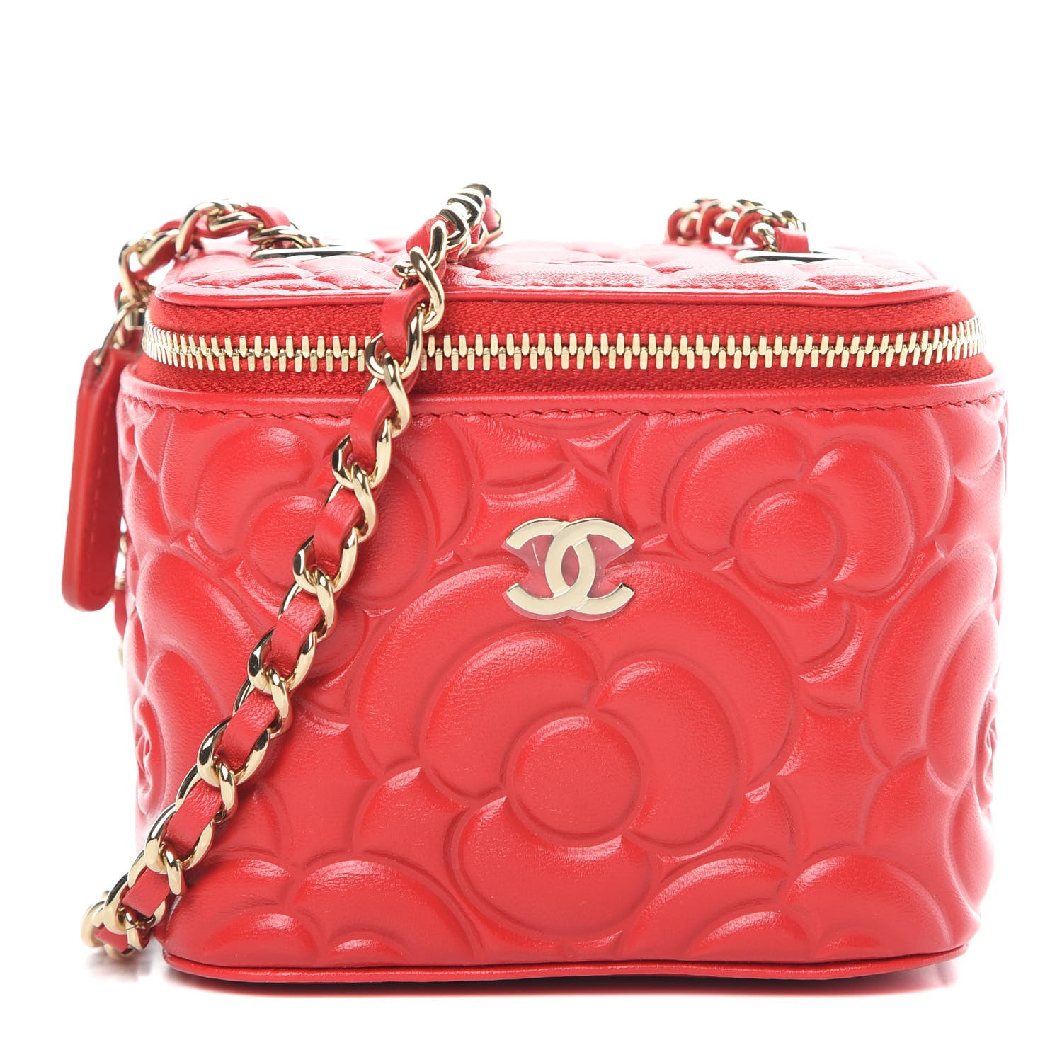 Chanel Lambskin Camellia Embossed Mini Vanity Case With Chain Red 1 of 12