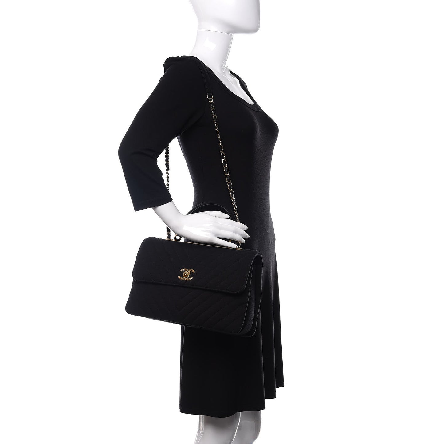 Jersey Chevron Quilted Medium Trendy CC Dual Handle Flap Bag Black