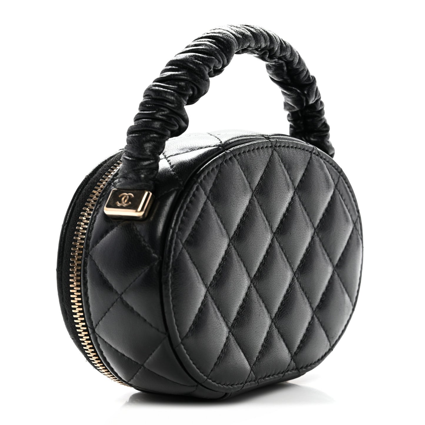 Lambskin Quilted Ruched Top Handle Vanity Case Pink Black