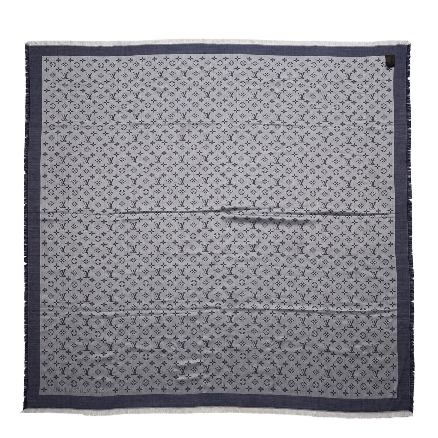 Wool Silk Monogram Denim Shawl Blue