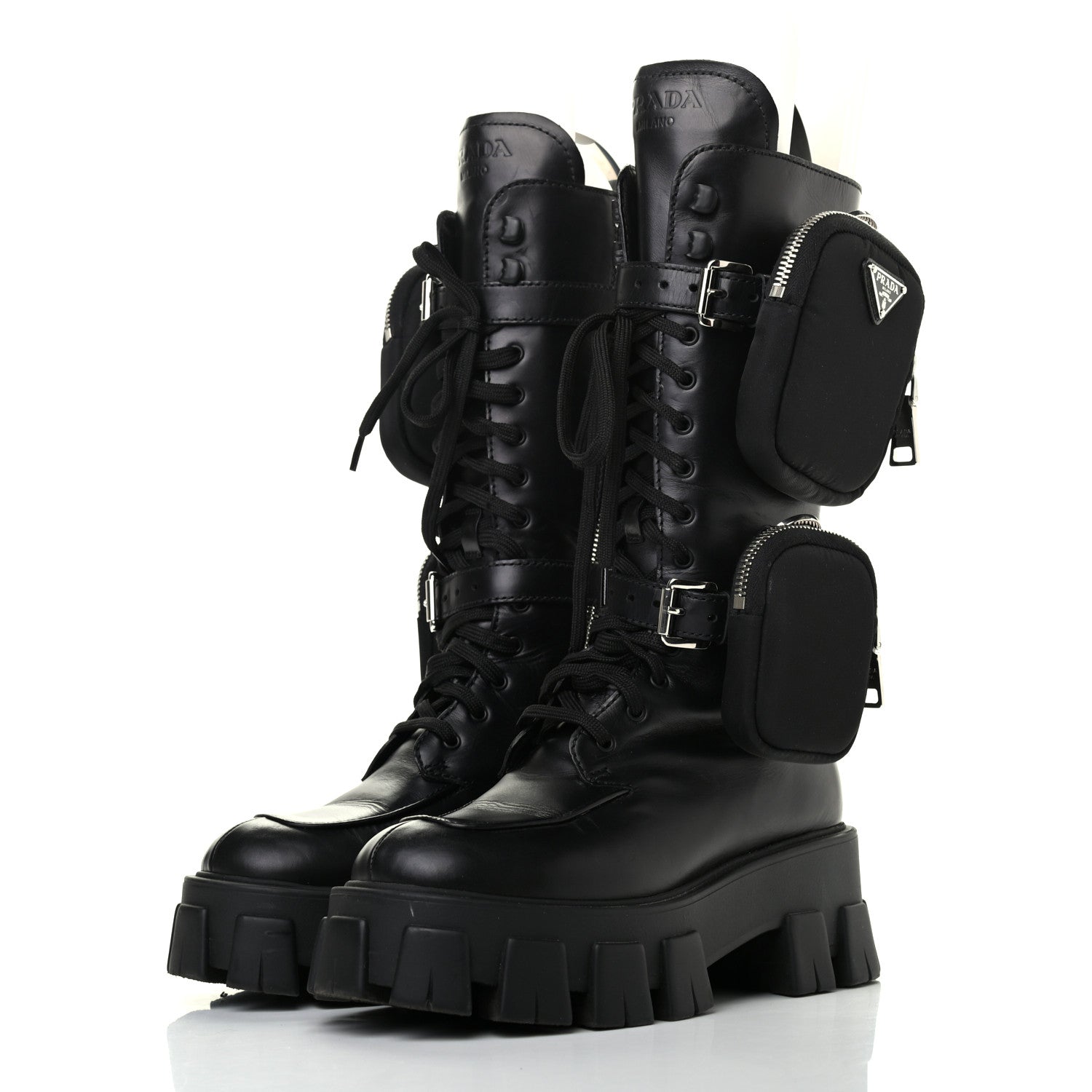 Prada Vitello Lux Nylon Metal Triangle Logo Monolith Pouch Pocket 55mm Tall Combat Boots 35 Black 3 of 8