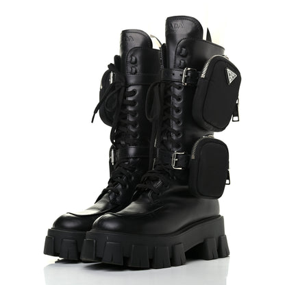 Prada Vitello Lux Nylon Metal Triangle Logo Monolith Pouch Pocket 55mm Tall Combat Boots 35 Black 3 of 8