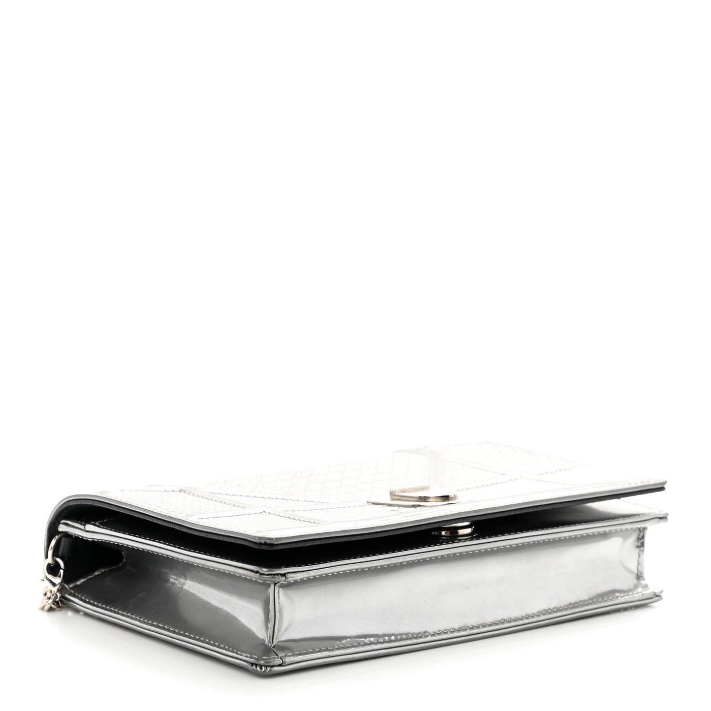 Metallic Patent Micro-Cannage Diorama Wallet on Chain Pouch Silver