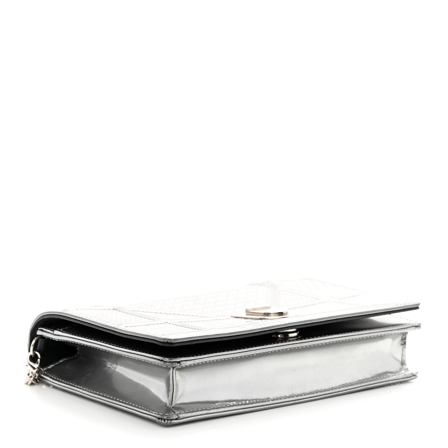 Christian Dior Metallic Patent Micro-Cannage Diorama Wallet on Chain Pouch Silver 4 of 10