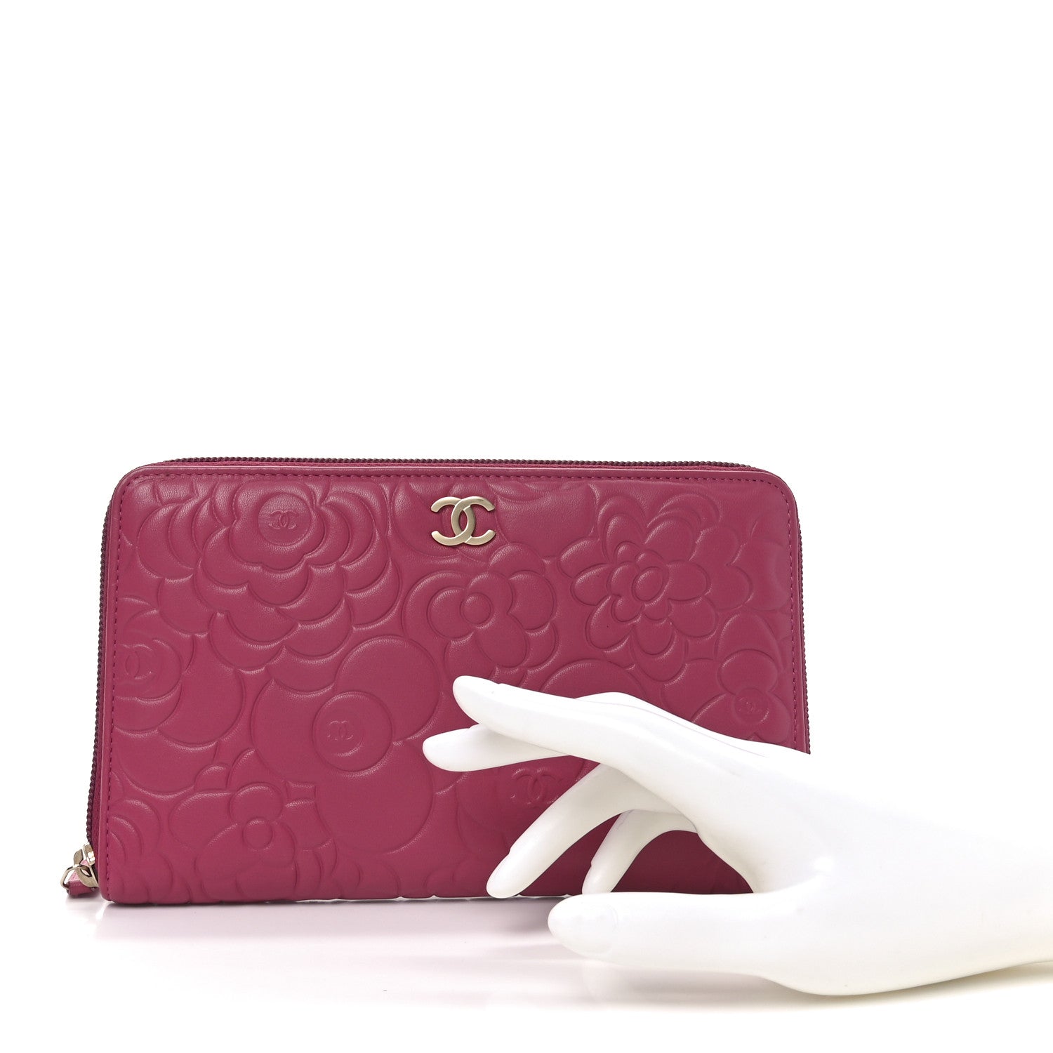 Chanel Lambskin Camellia Embossed Zip Around Organizer Wallet Fuchsia 2 of 9