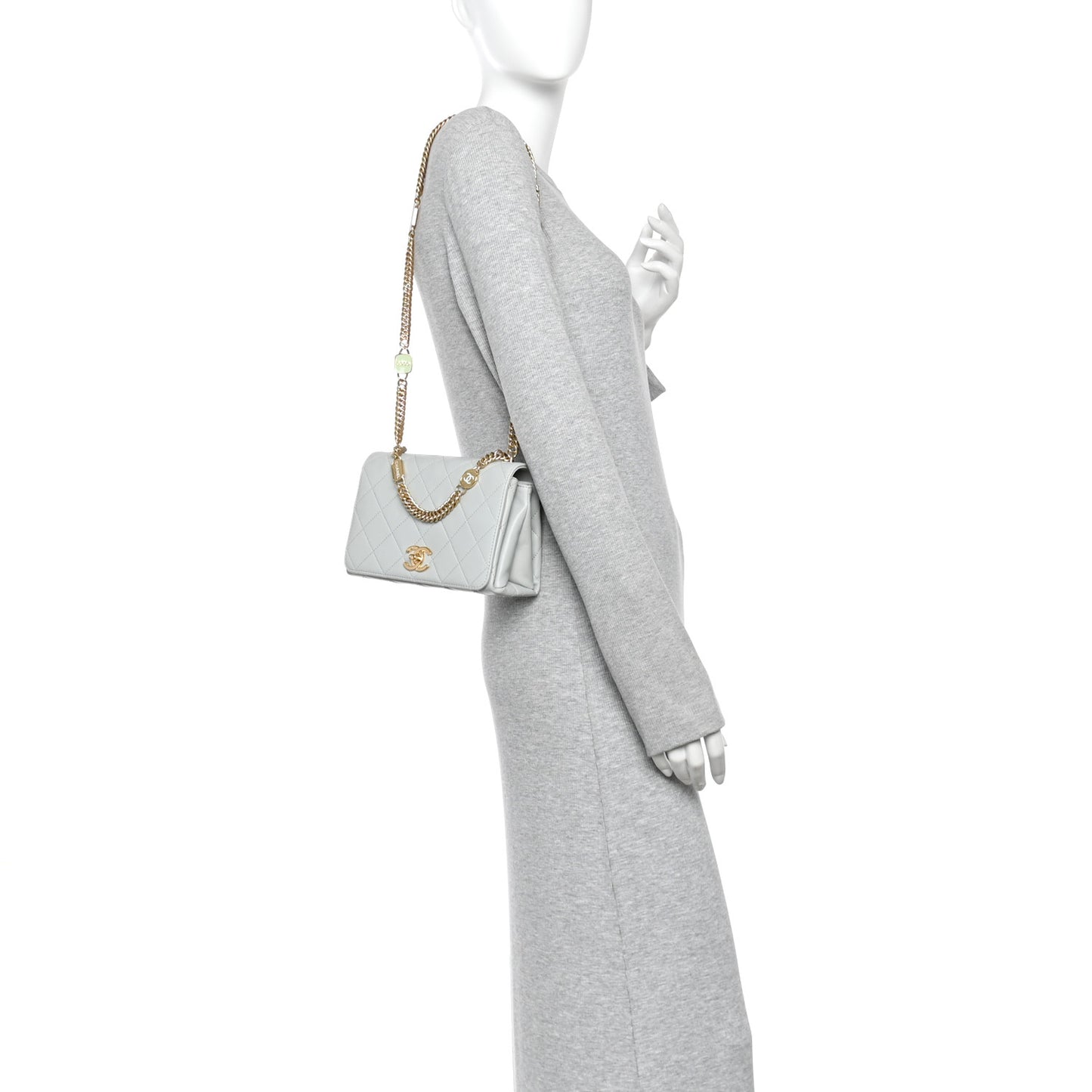 Calfskin Quilted Enamel Chain Flap Grey