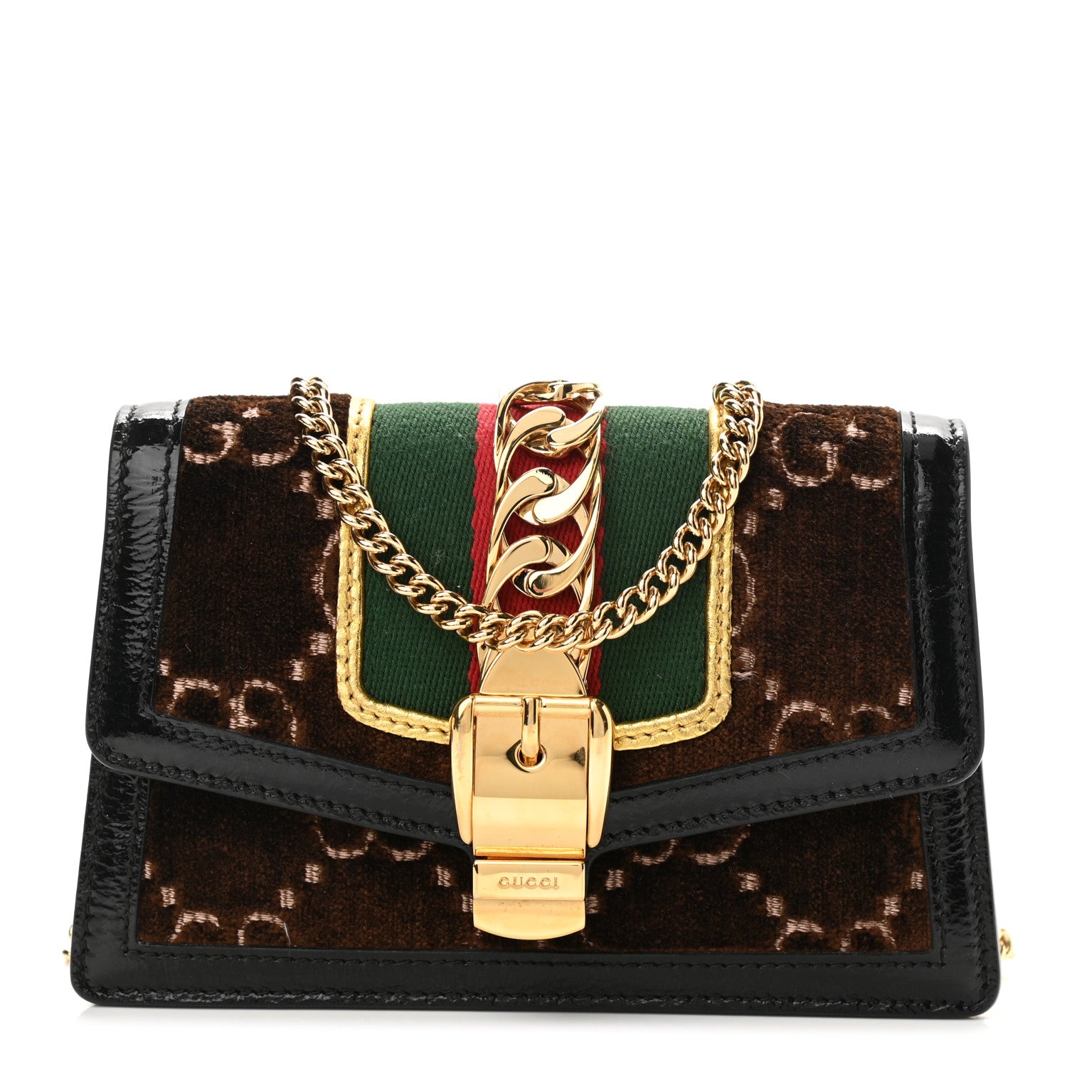 Gucci Velvet GG Monogram Super Mini Sylvie Chain Shoulder Bag Brown 1 of 10