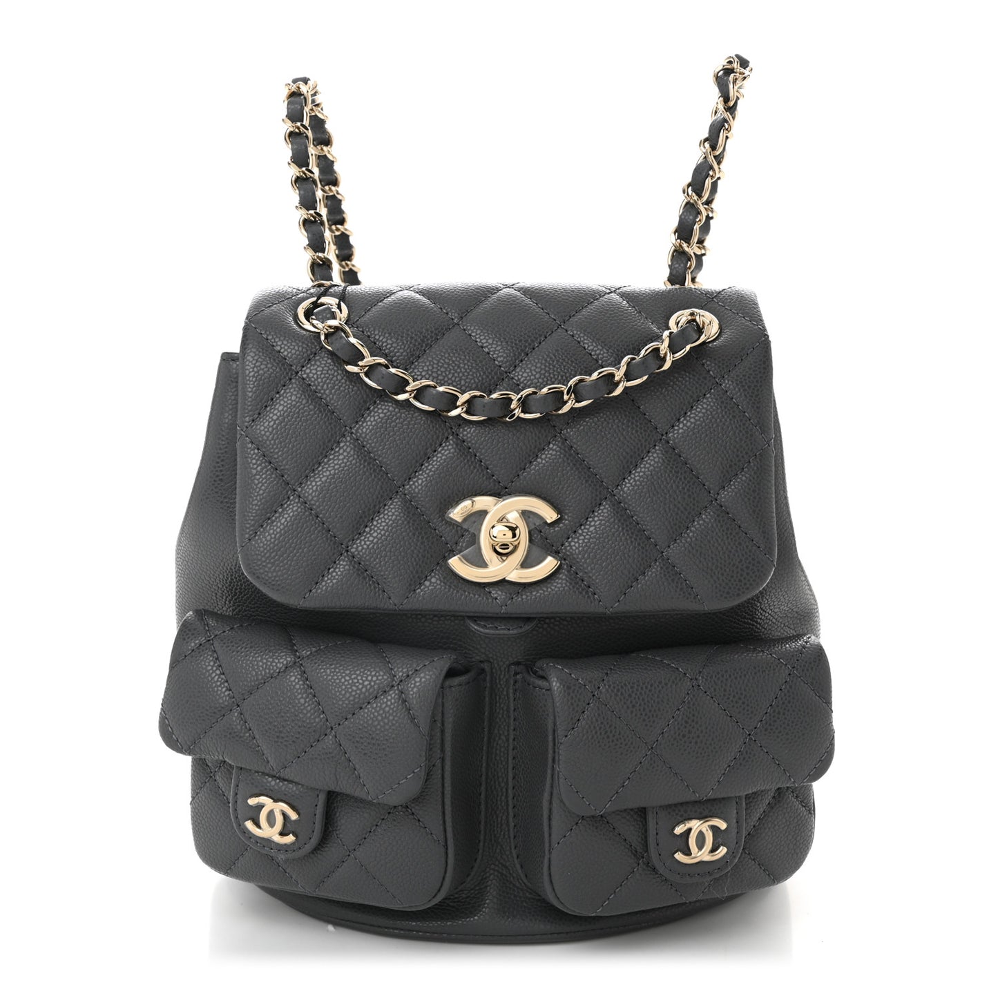 Shiny Caviar Quilted Medium Duma Pockets Drawstring Backpack Grey