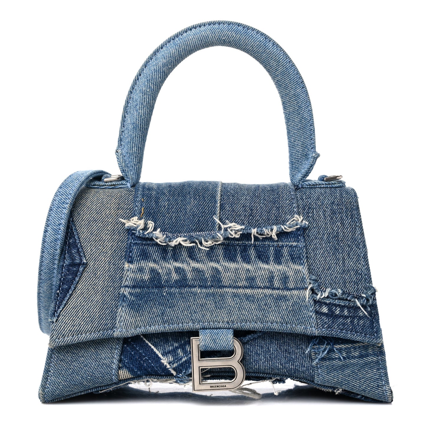 Denim Patchwork Small Hourglass Top Handle Bag Washed Blue