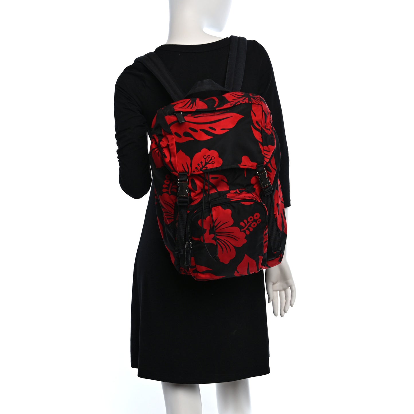 Tessuto Hibiscus Print Double Buckle Backpack Black Rosso