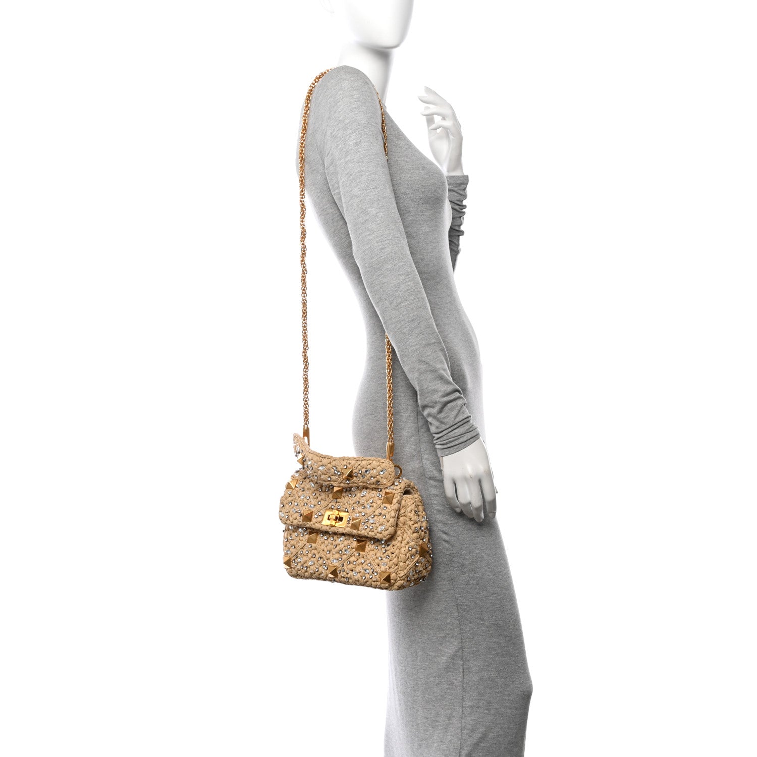 Valentino Garavani Raffia Crystal Medium Roman Stud Shoulder Bag Naturale Crystal 2 of 11