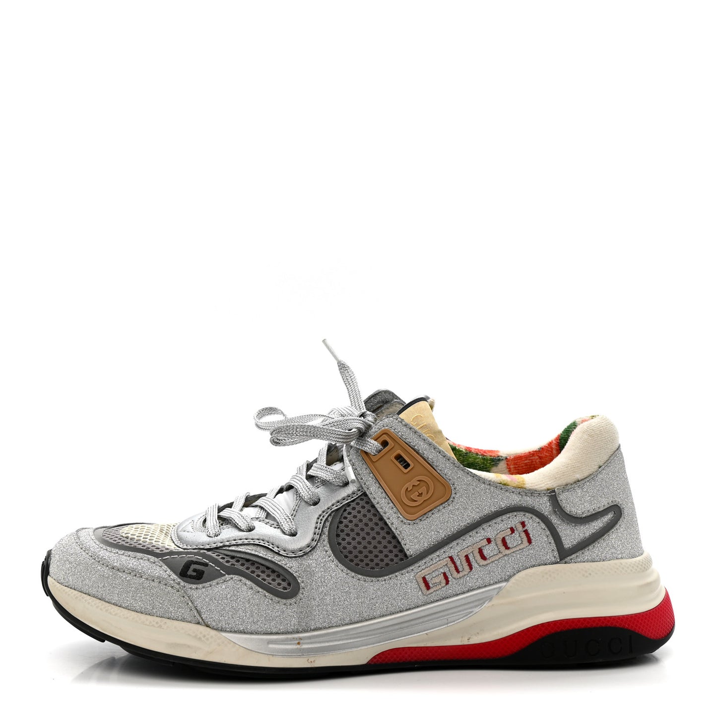 Metallic Calfskin Glitter Mesh Womens Ultrapace Sneakers 40 Silver Light Grey Mystic White