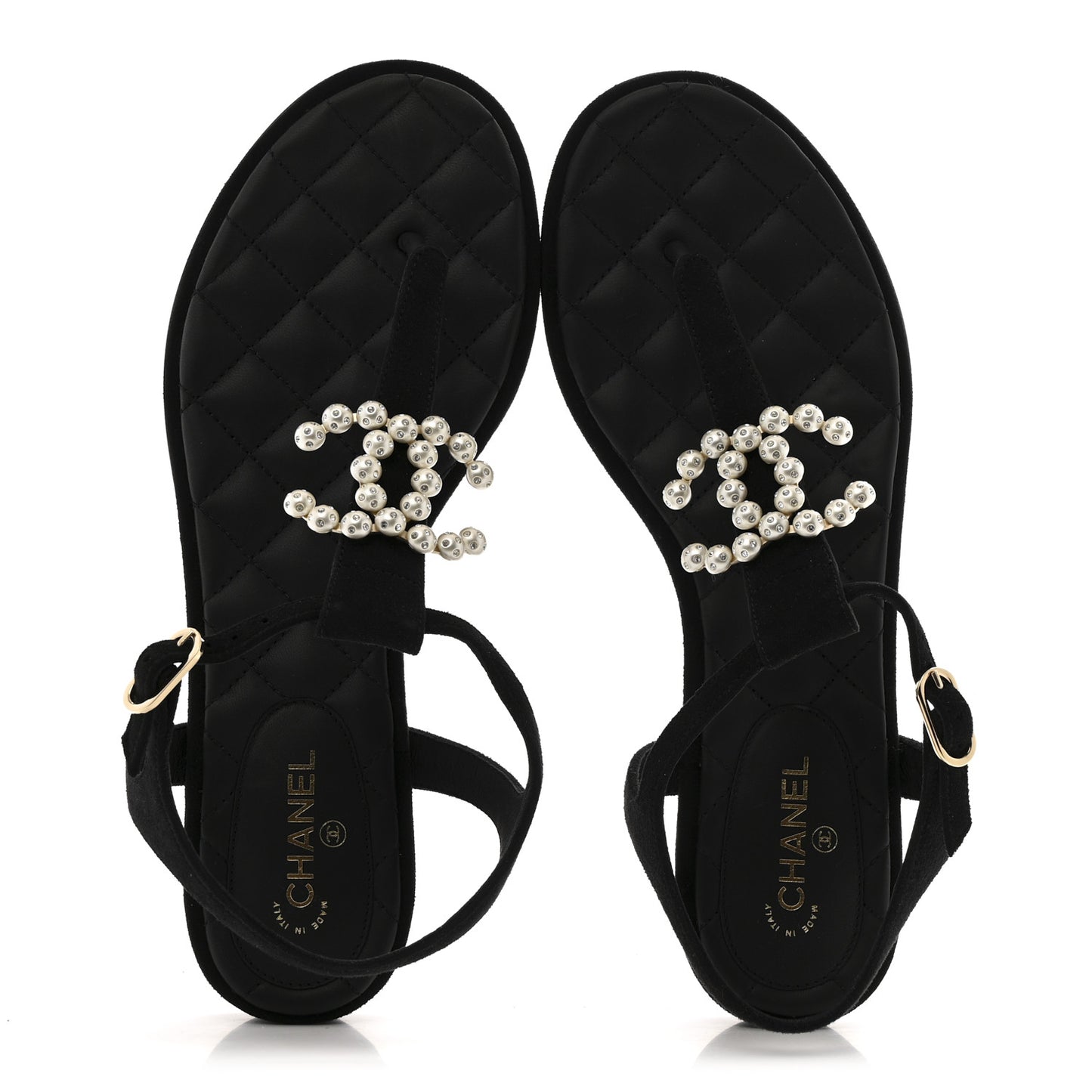 Suede Pearl Crystal CC Thong Sandal 39 Black