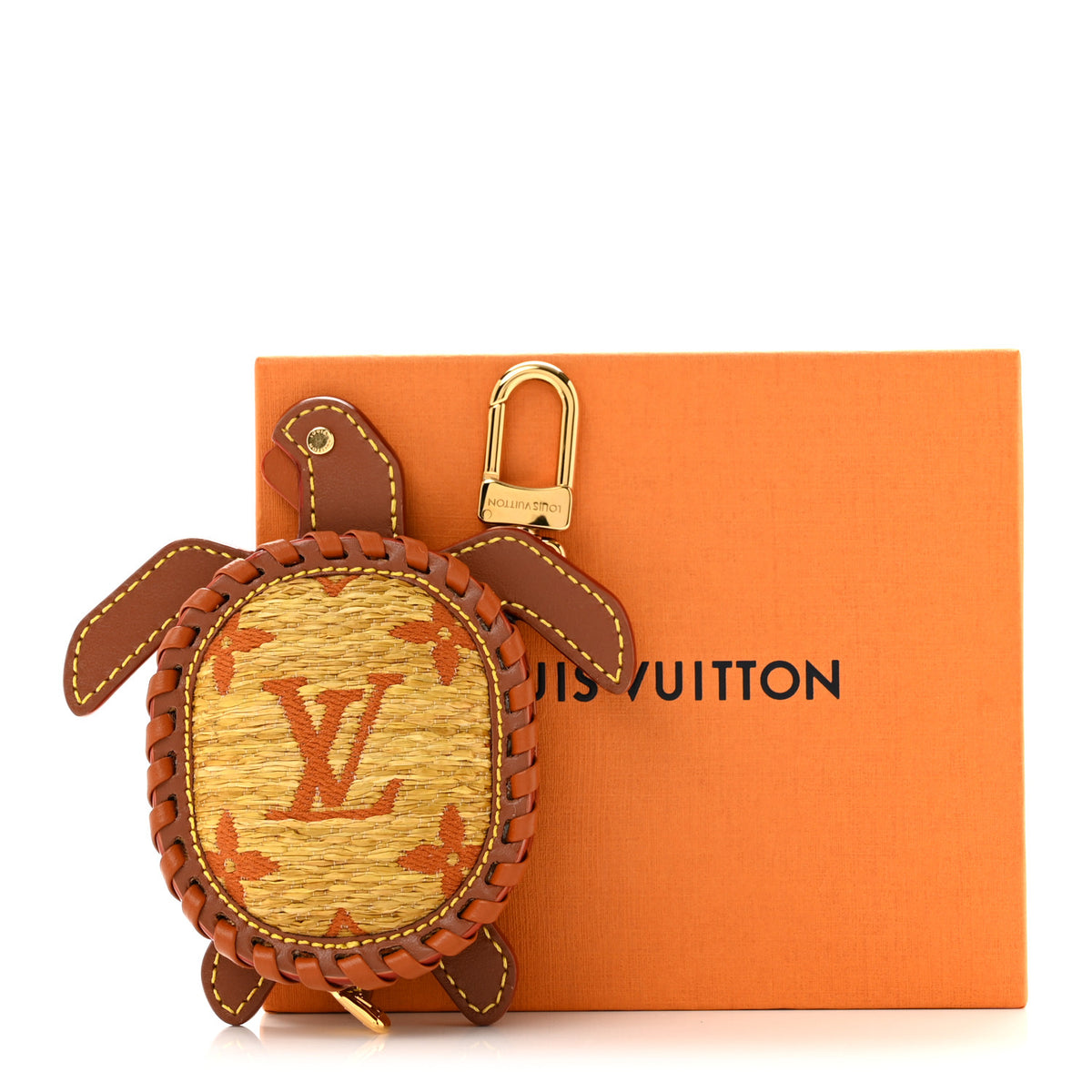 Raffia Calfskin Monogram LV Turtle Pouch Bag Charm Brown