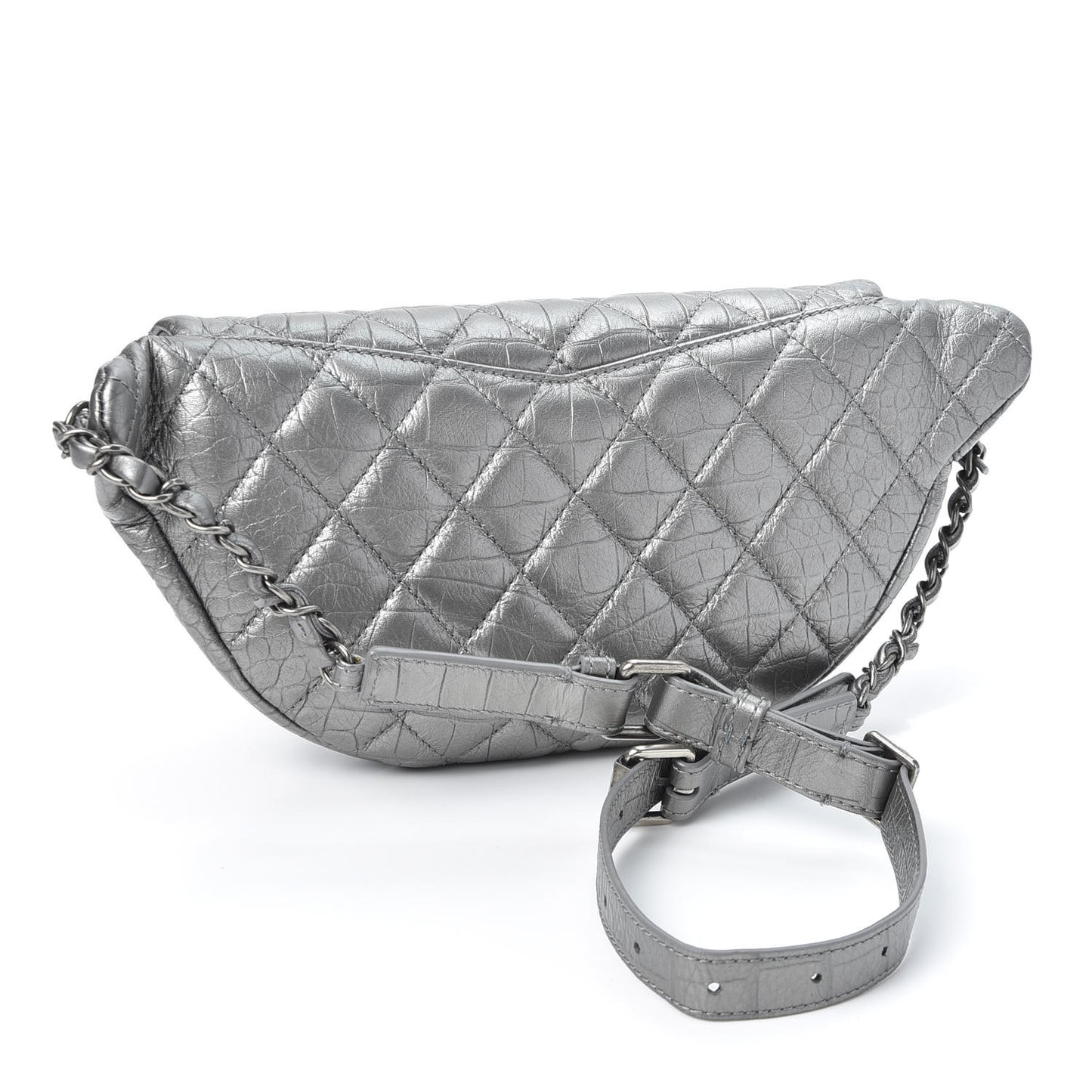 Metallic Calfskin Crocodile Embossed Quilted Easy Trip Waist Bag Fanny Pack Silver