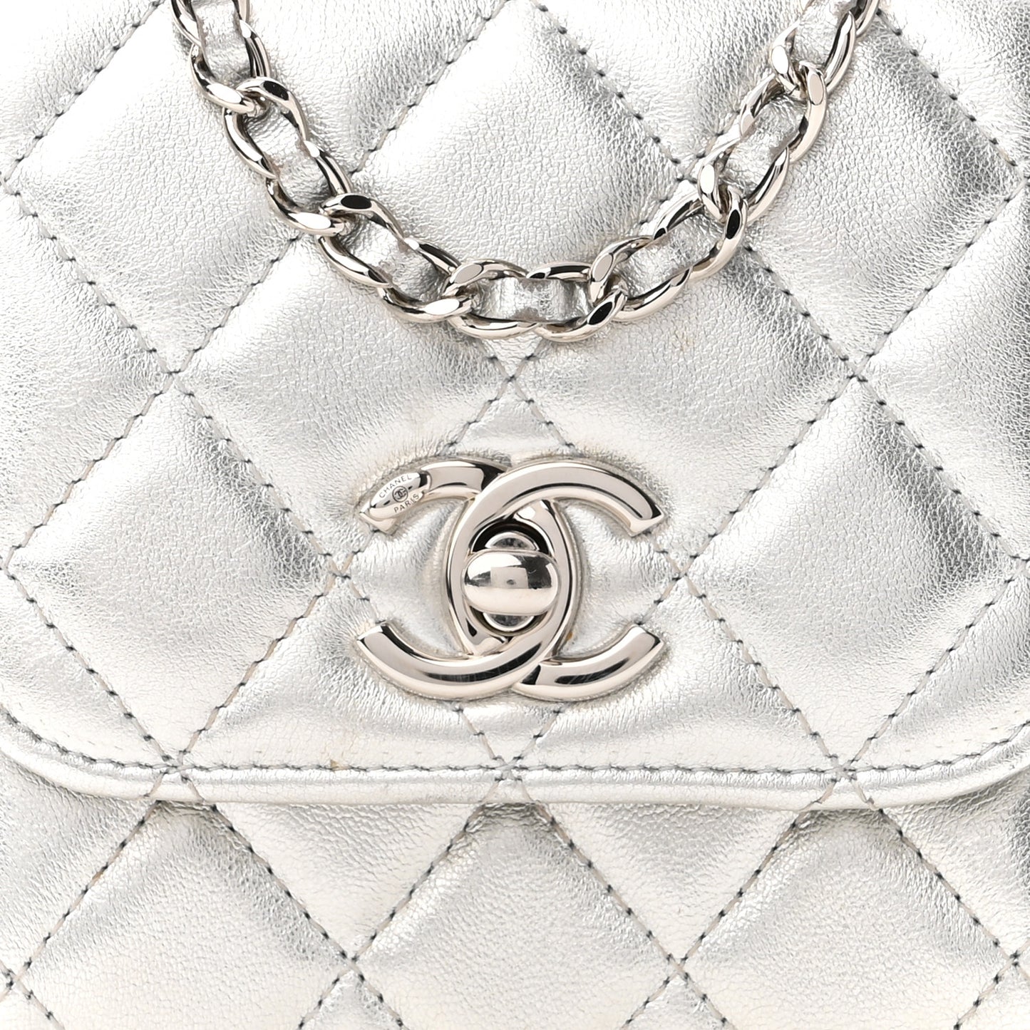 Metallic Lambskin Quilted Mini Trendy CC Clutch With Chain Silver
