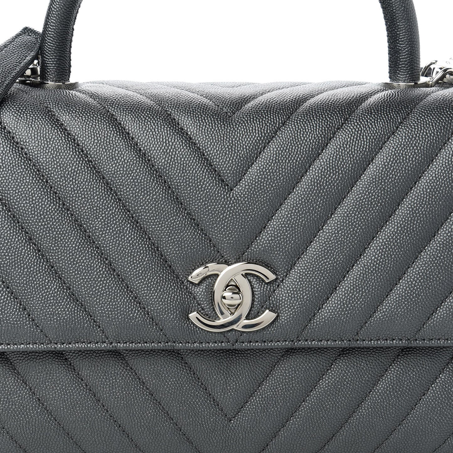 Iridescent Caviar Chevron Quilted Small Coco Handle Flap Black