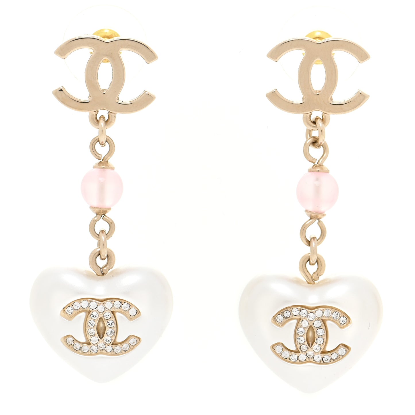 Metal Pearl Crystal Bead CC Heart Drop Earrings Pink Gold