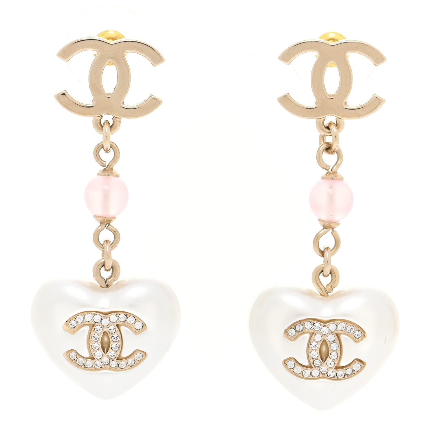 Chanel Metal Pearl Crystal Bead CC Heart Drop Earrings Pink Gold 1 of 5