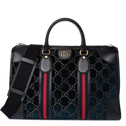 Gucci Velvet GG Monogram Textured Calfskin Web Medium Duffle Bag Blue Beige Black 1 of 11